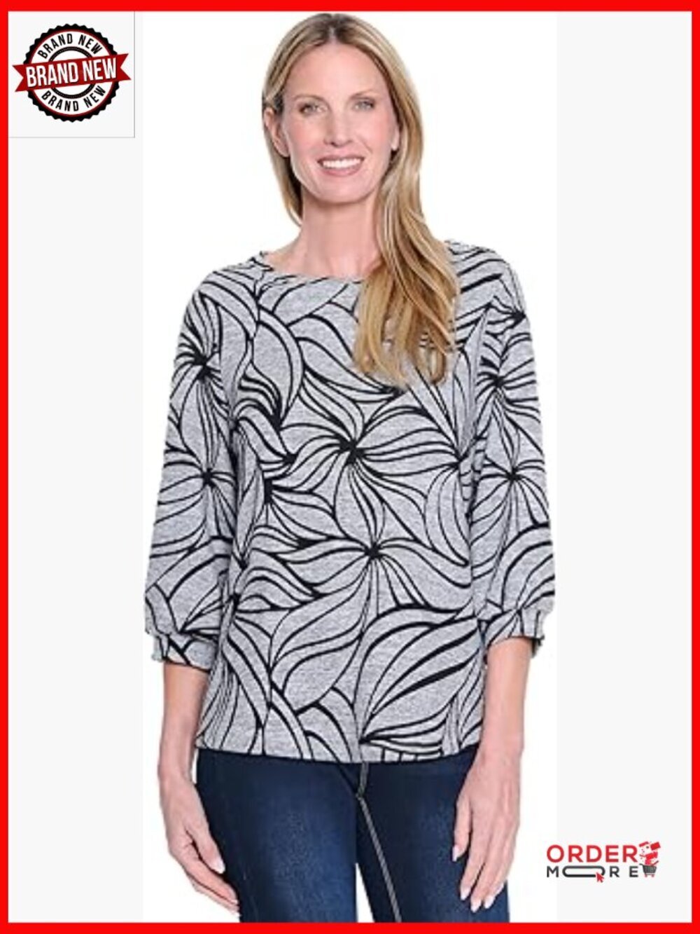 Printed Knit Tunic with 3/4 Sleeves Round Neck